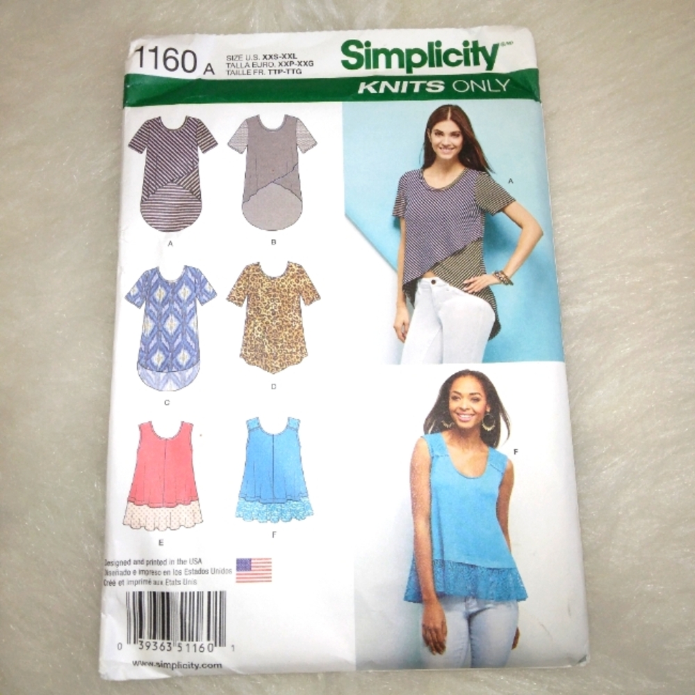 SIMPLICITY 1160 sx XXS-XXL Misses Pull Over tops in 6 variations, for knits only